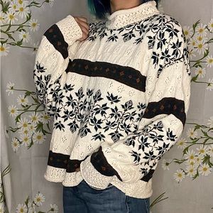 Vintage 80s crème green orange colorful stripe fair isle varied knit sweater